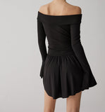 Pleated Off-Shoulder A-Line Short Dress