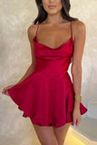 Satin Cowl Neck Tie-back Tiered Cami Dress