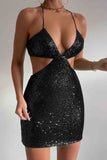 Sequined V Neck Backless Cutout dress